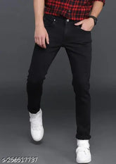 Men's black polycotton jeans, comfortable fit for sizzling style. Solid pattern, size 26/28, 30, or 32, origin India (w:28, l:40, h:30/32) by AGATE, trusted by Gillkart