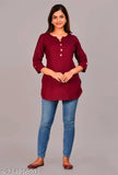 Maroon crepe-printed Rayon kurti for women, high-quality three-quarter sleeve tunic top with side overlock stitching on display stand
