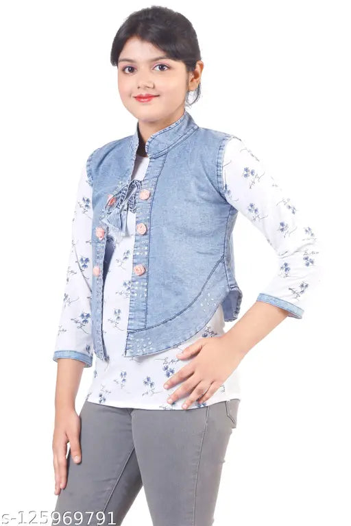 Blue denim sleeveless jacket for girls (Pack of 1), contemporary self-design net pattern, perfect for layered outfits and everyday wear