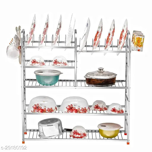 Stainless Steel 5-Shelf Wall Mount Kitchen Rack, ideal for dish storage and draining, high-grade material resists corrosion, free size, made in India