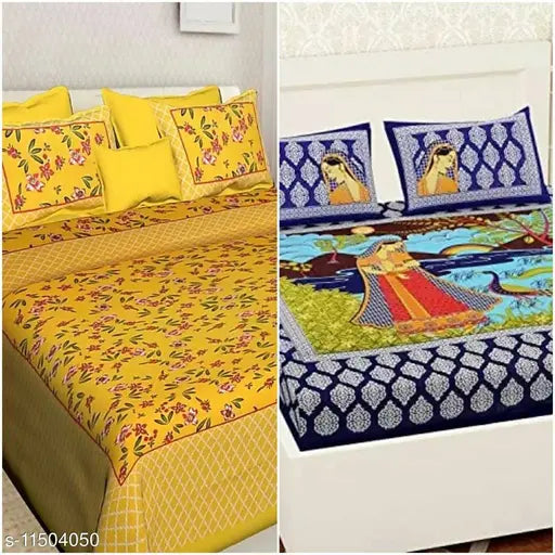 New Fancy Cotton Queen Bedsheets (100*90in), 4 pillow covers, 104 thread count, pack of 2, made in India