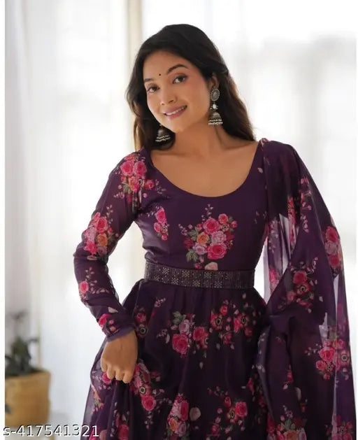 Purple Georgette gown with duppatta and belt, Primium export quality for women in various sizes