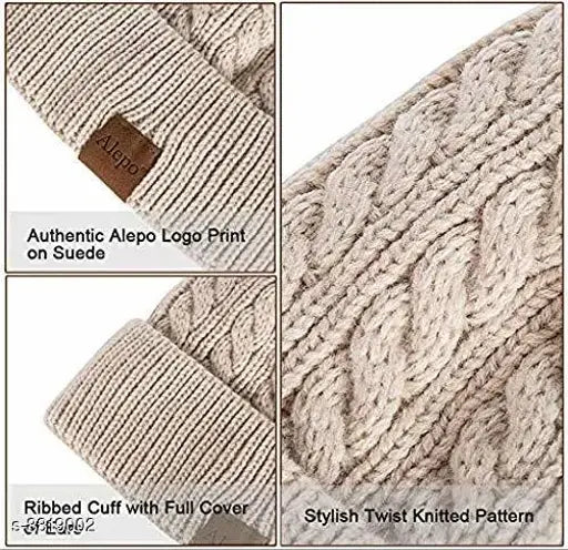 Brown woolen PinKit Girls slouchy beanie hat with embroidered pompom, warm fleece lining - winter accessory