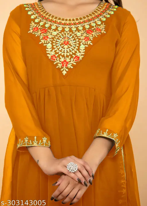 Georgette, embroidered Naira cut Kurti with three-quarter sleeves, solid combo – Indian fashion partywear