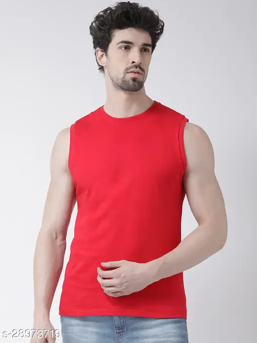 Red plain cotton sleeveless round neck men's t-shirt, soft and breathable fabric, ideal for casual or active wear, made in India