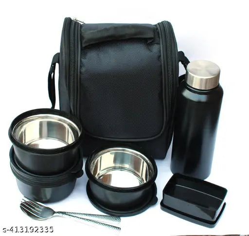 Stainless steel microwave safe lunch box set, includes 3 inner steel containers (400ml each), 1 steel bottle (750ml), pickle dibba, spoon, fork, and bag (black). Leak-proof, BPA-free lids. Insulated, adjustable shoulder straps, airtight, freezer safe, dishwasher safe. Indian origin