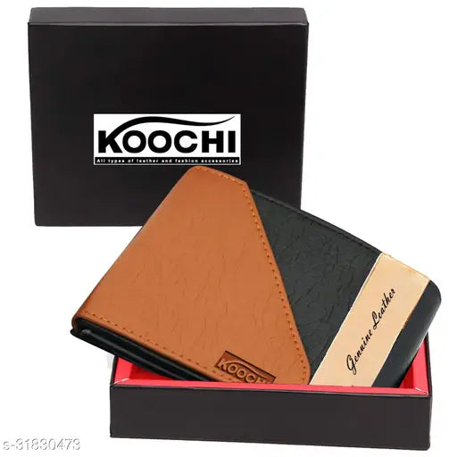 Black-Tan PU leather bi-fold wallet for men with snap lock and flap, featuring 2 cash compartments, 2 slip compartments, 3 card slots, 2 transparent slots, and 1 coin pocket. Colourblock design, free size (L: 11cm W: 9cm). Men's synthetic leather bi-fold wallet for daily use. Made in India