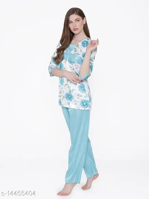 Floral print satin nightsuit set, free size. Luxurious comfort women's pyjamas in soft satin fabric
