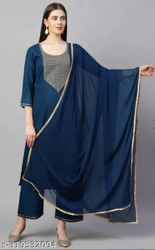 Rayon Shingar 01 Exclusive Wear Woman's Kurta Pant with Dupatta Set - Solid net, three-quarter sleeves, pack of 3 (M, L, XL, XXL)