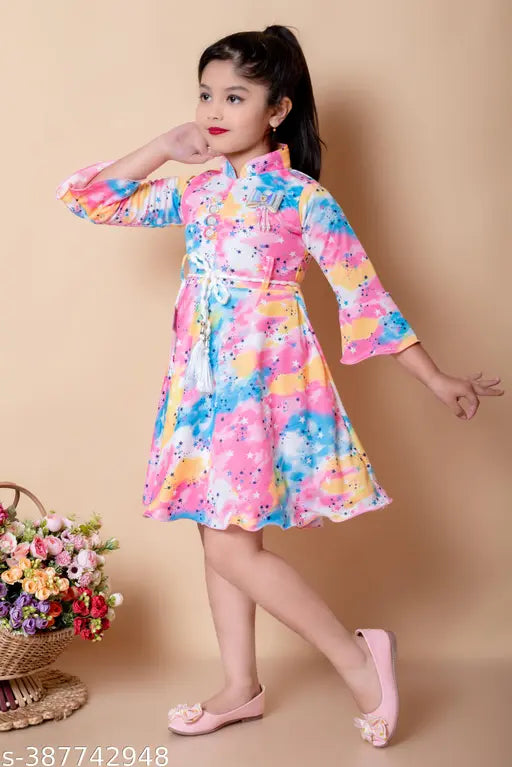 Crepe fabric, short-sleeved party frock for girls aged 4-10, vibrant Holi print