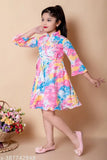 Crepe fabric, short-sleeved party frock for girls aged 4-10, vibrant Holi print