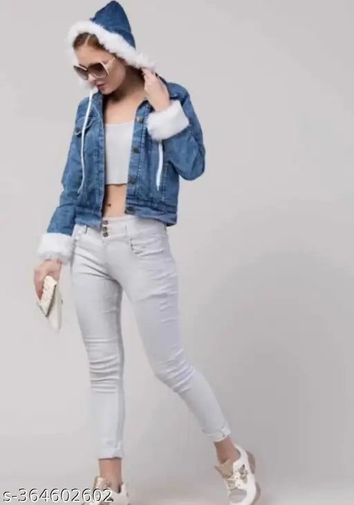 Denim blue jacket, solid fabric with long sleeves. Single piece in size S (36 in bust, 20 in length). Made in India