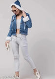 Denim blue jacket, solid fabric with long sleeves. Single piece in size S (36 in bust, 20 in length). Made in India