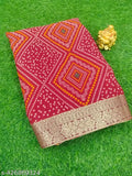 Yellow and red Bandhani saree, intricate printed net pattern on poly georgette fabric, perfect for women's traditional attire under $400