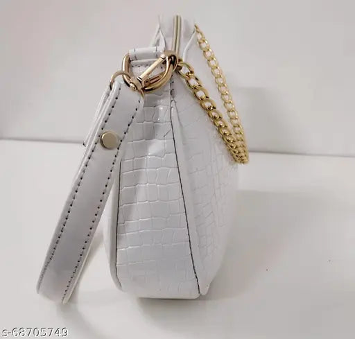 White PU leather crocodile-print sling bag for girls, featuring two shoulder straps and one compartment, perfect for everyday essentials or a fashionable side purse