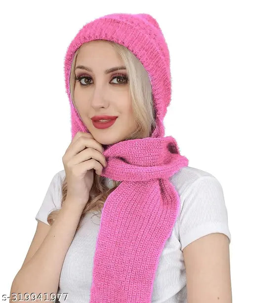 Woolen KHM women's beanie cap with muffler, warm winter accessory for skiing and snowboarding