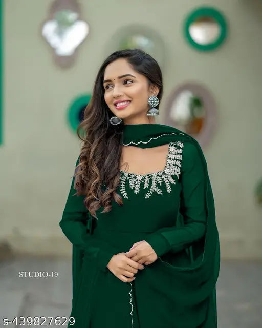 Green Georgette Anarkali Gown with Lace Dupatta, vibrant floral embroidery detail on long sleeve dress