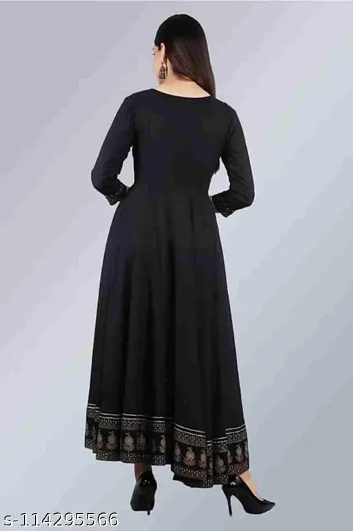 Black rayon anarkali kurta 42, embroidered with golden accents, flared silhouette, festive occasion wear