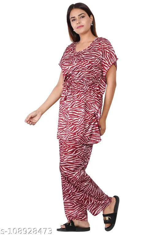 Maroon satin kaftan night suit, comfortable sleepwear/loungewear from Radhika