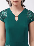 Green polyester Miss Chase women's solid v-neck jumpsuit with sequin panel, short sleeves, zipped closure, and 2 side pockets