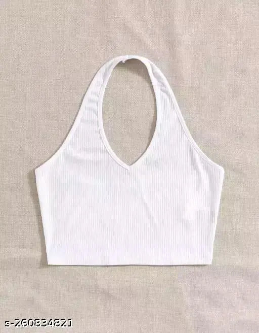 Cotton halter neck crop top, sleeveless and ribbed for women, solid color, size S (32in bust, 18in length) from India