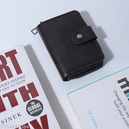 Brown faux leather card holder with 15 slots for RFID credit/debit cards, money wallet, zipper coin purse. Compact and lightweight design fits easily into handbags or coats. Ideal for travel, work, or gifts. Made in India (90g, 11.5x9x3cm)