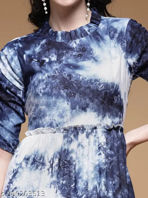 Blue and white tie-dye rayon 3-tiered flared kurta with short sleeves and frill neck, India origin