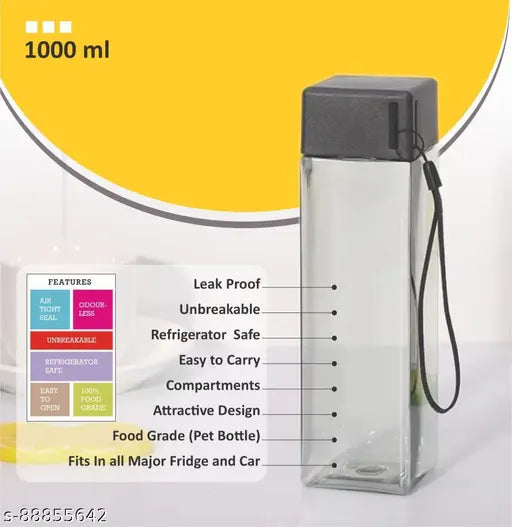 Unique square shape water bottles set of 4 (1000ml each), BPA-free, leak-proof, colorful, lightweight, for kids and travel