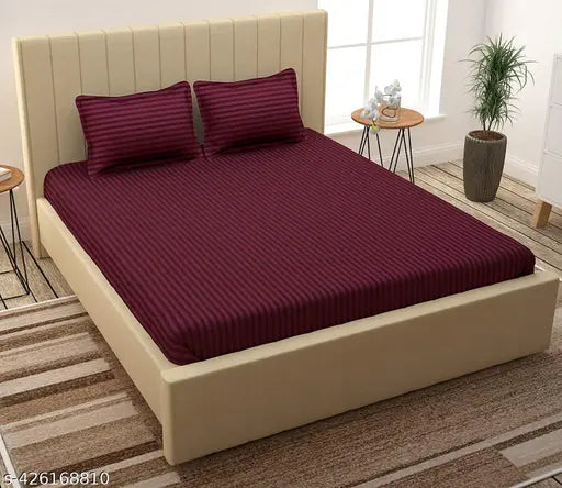 Wine-hued premium cotton satin stripes bedsheet & 2 pillow covers for double king size beds, ideal for summer homes or hotels