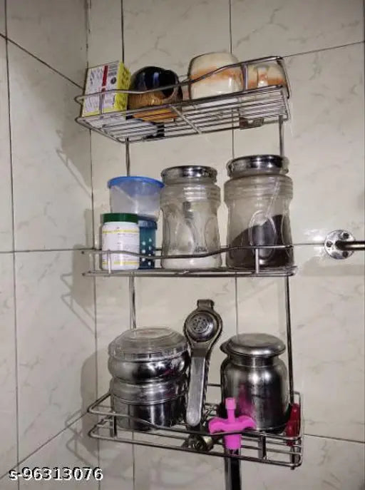Stainless steel 3-tier jar rack organizer, size 15x6x18, for kitchen and home storage