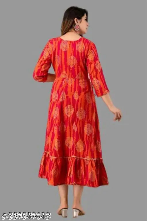 Rayon Anarkali Kurta, printed long emrodary design, three-quarter sleeves, India-origin women's fashion
