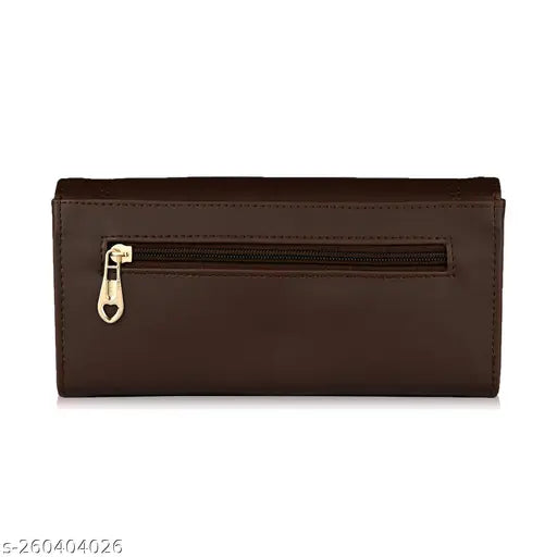 Brown faux leather ALSU Women's hand clutch wallet, features 3 compartments and 4 card slots. Premium-looking design with solid construction. Ideal for everyday use or special occasions. Free Size (L8in x W4in). Made in India