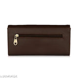 Brown faux leather ALSU Women's hand clutch wallet, features 3 compartments and 4 card slots. Premium-looking design with solid construction. Ideal for everyday use or special occasions. Free Size (L8in x W4in). Made in India