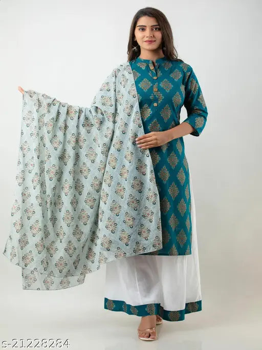 White and colorful printed cotton kurta with palazzo and dupatta set, ideal for traditional Indian wear