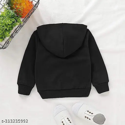 Black cotton blend kids hoodie, printed design for winter, suitable for all seasons