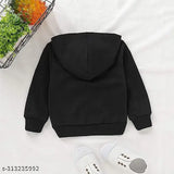 Black cotton blend kids hoodie, printed design for winter, suitable for all seasons