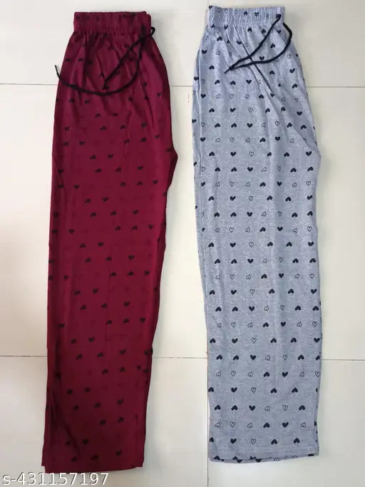 Maroon & Light Grey Women's Maxi Cotton Pyjama Combo Pack. Adorable heart-printed sleepwear for comfort & style