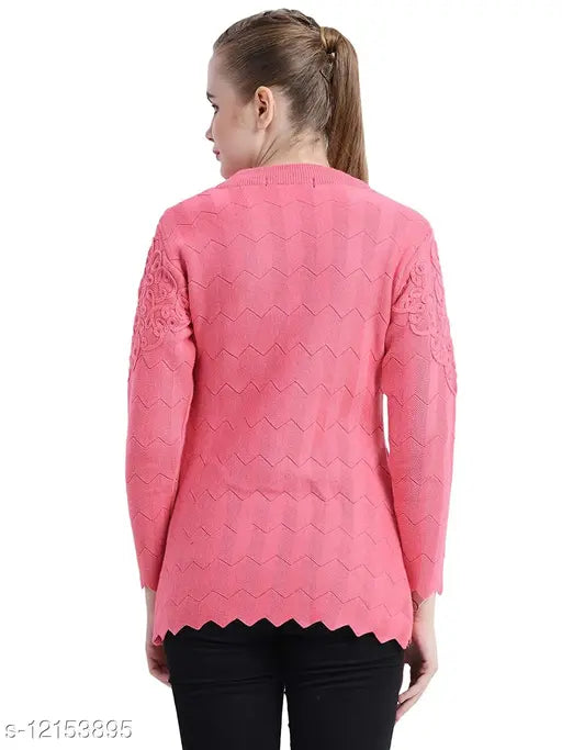 Pink wool embroidered round neck sweater, intricate design on display, size L (bust 40in, length 30in), from Matelco, India
