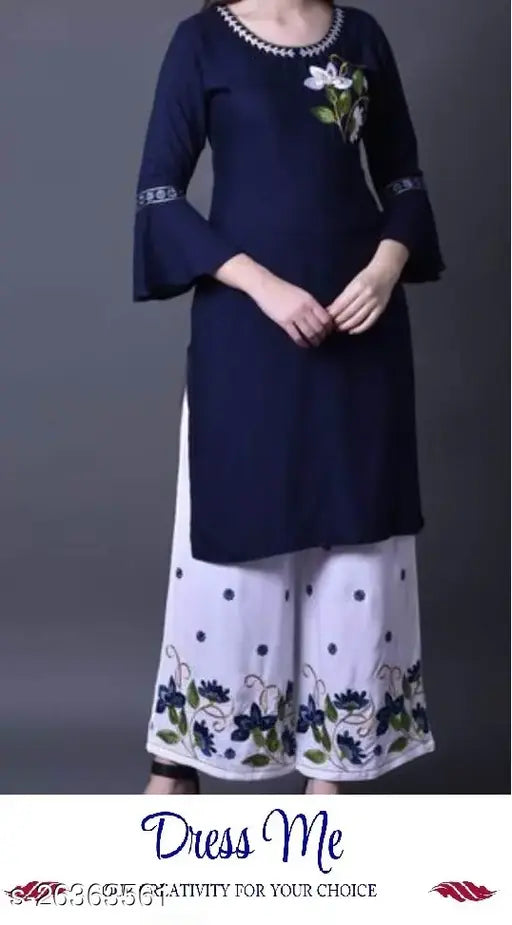 Navy Blue Rayon Chitrarekha Alluring Women's Sharara Set - Traditional ethnic wear for parties and weddings, embroidered with solid net detailing on a three-quarter sleeve Kurta and Palazzos