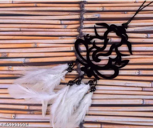 Black MDF ganesh ji car dream catcher, feather adorned decor piece for home or office