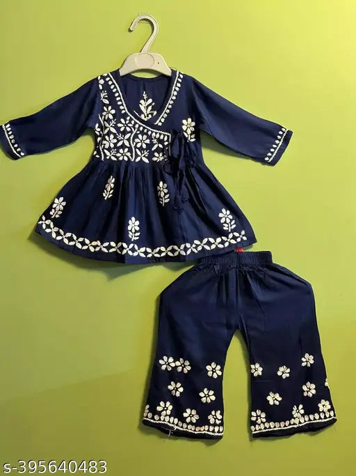 Vibrant Lucknowi Chikankari Kurti & Sharara set, hand embroidered rayon for kids aged 6-7