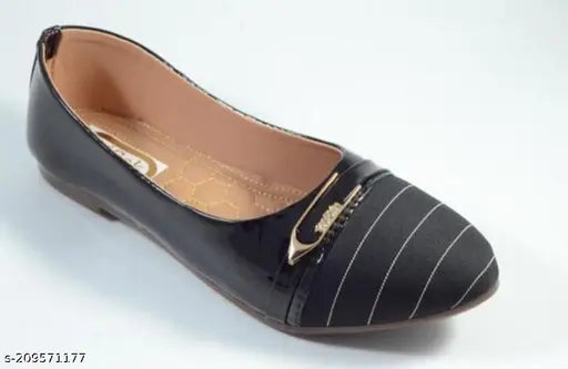 Black synthetic leather flat shoes for formal office or casual daily wear, featuring closed back, elastic border, and ultra soft ortho insole for comfort