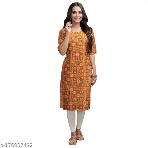 Multicolor ethnic motif printed straight kurti, 100% American crepe for stylish women with three-quarter sleeves