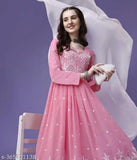 Embellished Georgette Anarkali gown, long-sleeved Indian self-design with embroidery, XL (Bust 44in, Length 23in)