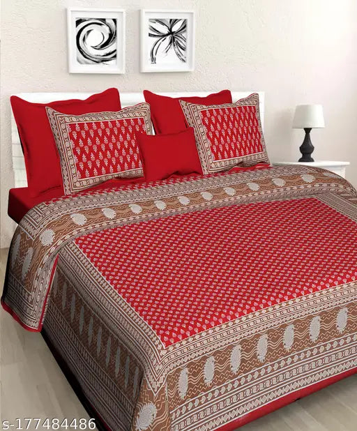Double cotton bedsheets (7.5x6.5ft), combo pack (2+4) with ethnic Rajasthani motifs, ideal for adult mild winter use