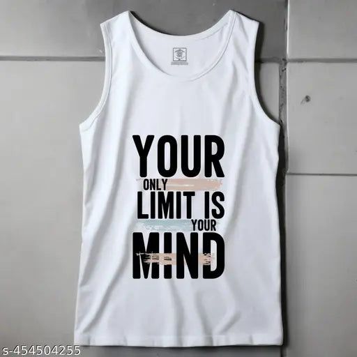 Limitless Mind" printed polyester tank top vest or sando for men and boys. Sleeveless, inspiring motivational design. Available in various sizes from S to XL, origin India
