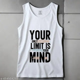 Limitless Mind" printed polyester tank top vest or sando for men and boys. Sleeveless, inspiring motivational design. Available in various sizes from S to XL, origin India
