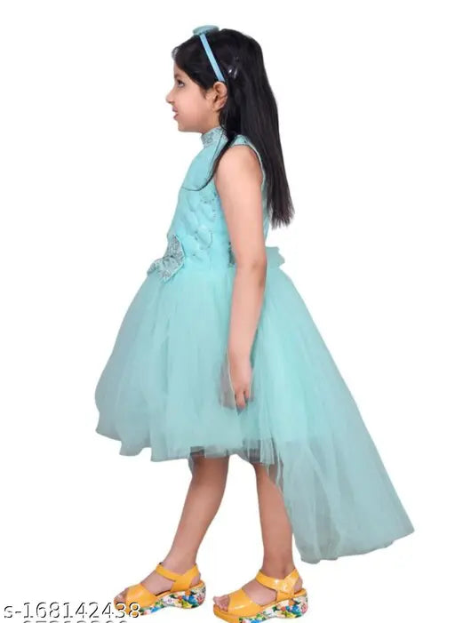Sky blue fancy up-down frock, sleeveless net dress by U BABA for kids' parties