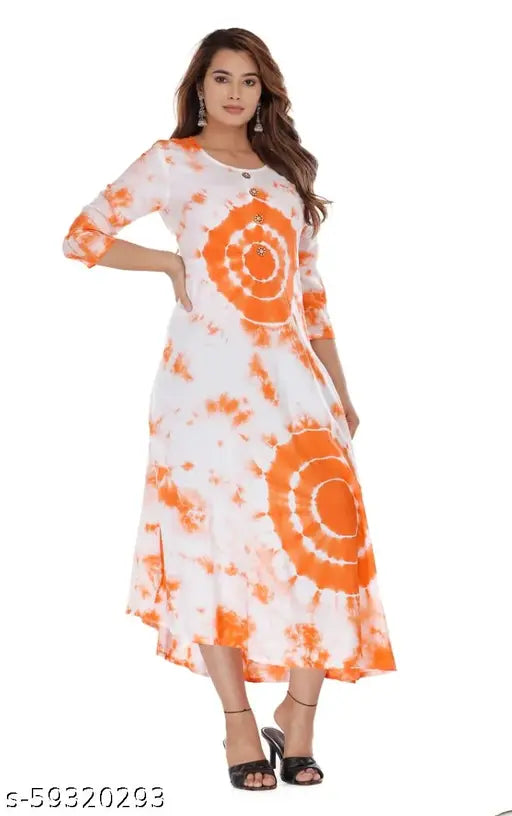 Attractive orange rayon Anarkali kurti with three-quarter sleeves, daily wear for women from Jaipur Sanganer, India