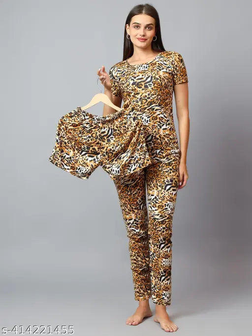 Tiger printed cotton silk women's 3-piece night suit for adults & kids, comfortable sleepwear set